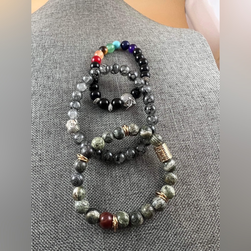 3 beaded Bracelet 7 chakra Bracelet 
green Jasper bracelet 
New Jewelry
